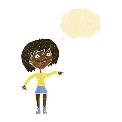 cartoon waving woman with thought bubble