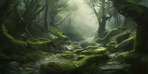 Zelfklevend Fotobehang Enchanted Green Mystic Forest, Generative AI © spreephoto