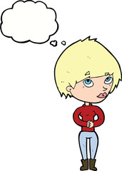 cartoon woman considering with thought bubble