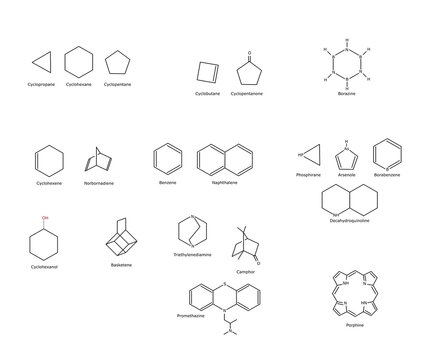 Cyclic compounds chemical structure aromatic groups benzene Cyclopropane Cyclohexane Cyclopentane Cyclobutane Cyclopentanone Borazine Cyclohexene Norbornadiene Naphthalene Phosphirane Arsenole Boraben