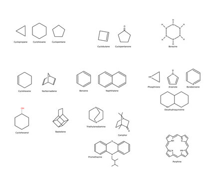 Cyclic compounds chemical structure aromatic groups benzene Cyclopropane Cyclohexane Cyclopentane Cyclobutane Cyclopentanone Borazine Cyclohexene Norbornadiene Naphthalene Phosphirane Arsenole vector