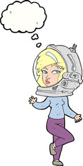 cartoon woman wearing space helmet with thought bubble
