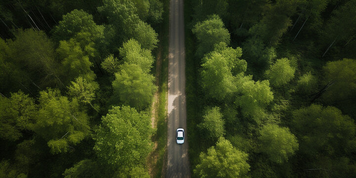 Stra&szlig;e und Auto mit B&auml;umen von oben mit der Drohne, ai generativ