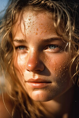 Natürliche Schönheit. Porträt einer jungen Frau im Sommer. Gesicht mit Schweißperlen. Strandschönheit. KI generiert