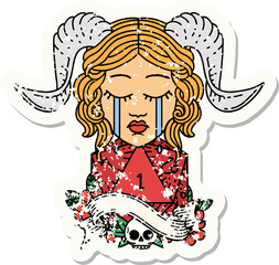 grunge sticker of a crying tiefling with natural one D20 dice roll