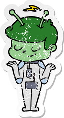 distressed sticker of a friendly cartoon spaceman shrugging
