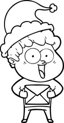 hand drawn line drawing of a happy man wearing santa hat