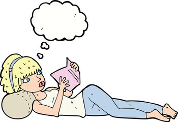 cartoon pretty woman reading book with thought bubble