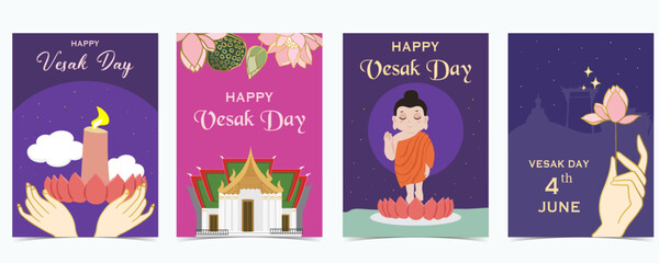 happy vesak day background with lotus ,temple and monk