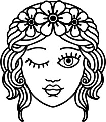 tattoo in black line style of a maidens face winking