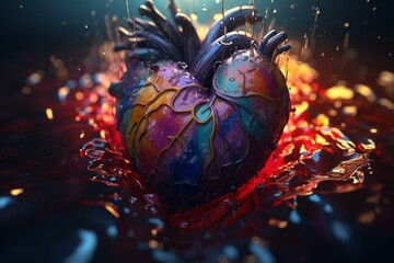 A heart illustration filled with diverse colors of liquid. Generative AI