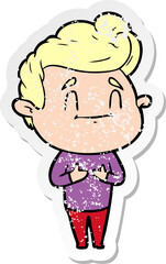 distressed sticker of a happy cartoon man