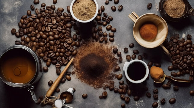 Ingredients for making coffee flat lay background © Thamidu