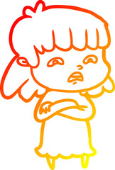 warm gradient line drawing of a cartoon worried woman
