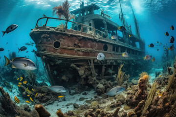 Naklejka na ściany i meble Exploring the deep, abandoned ship found underwater in large reef - generative AI