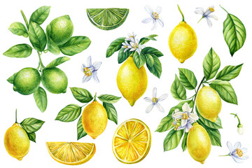 Lemons and lime branches, leaves, flowers. Watercolor illustration botanical painting, collection of citrus fruits - 595847159