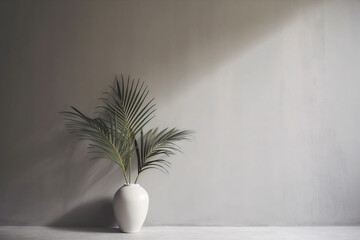vase shadows decor tree concrete home design palm sunlight wall closeup interior. Generative AI.