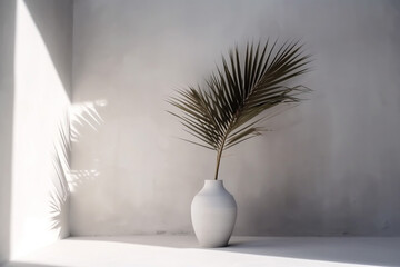 home vase tree palm room wall decor sunlight shadows concrete design interior. Generative AI.