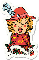 sticker of a human bard with natural 20 dice roll