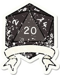 grunge sticker of a natural 20 critical hit D20 dice roll