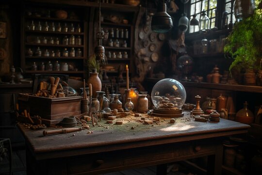 Artwork depicting an alchemist's workbench from ancient times. Generative AI