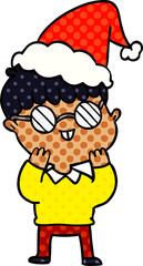 hand drawn comic book style illustration of a boy wearing spectacles wearing santa hat