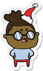 hand drawn sticker cartoon of a annoyed woman wearing santa hat