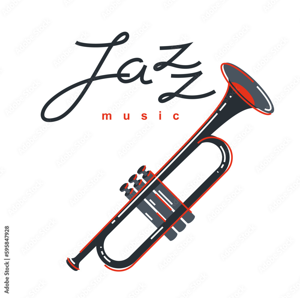 Wall mural jazz music emblem or logo vector flat style illustration isolated, trumpet logotype for recording la