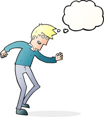 cartoon happy man dancing with thought bubble