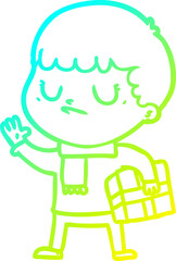 cold gradient line drawing of a cartoon grumpy boy