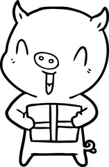 happy cartoon pig with xmas present
