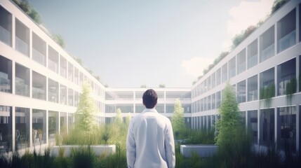 Man looking white office building with plants