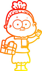 warm gradient line drawing of a cartoon happy old woman