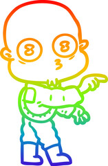 rainbow gradient line drawing of a cartoon weird bald spaceman pointing