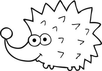 freehand drawn black and white cartoon hedgehog