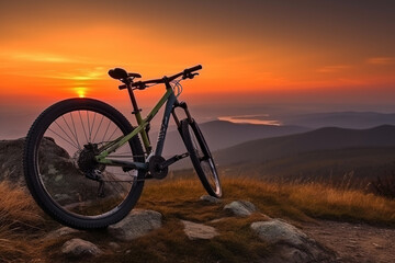 Fototapeta na wymiar Bicycle on a mountain trail in magic sunset. Freedom and healthy lifestyle concepts. Generative ai.