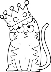 freehand drawn black and white cartoon cat with crown