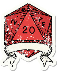 grunge sticker of a natural 20 critical hit D20 dice roll