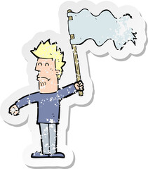 retro distressed sticker of a cartoon unhappy man waving flag