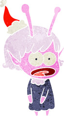 hand drawn retro cartoon of a shocked alien girl wearing santa hat