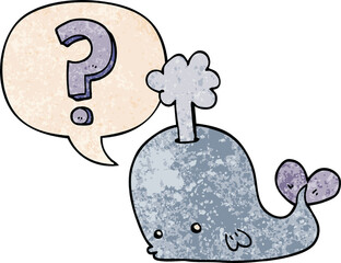cartoon curious whale with speech bubble in retro texture style