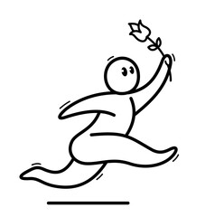 Funny cartoon man running with flower like romantic in love dating vector flat style illustration isolated on white, cute and positive small guy drawing or icon.