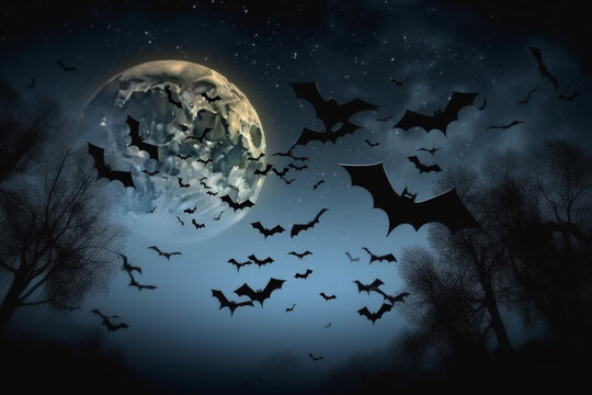 Bats flying in the sky lit by the full moon on Halloween night. Generative ai.