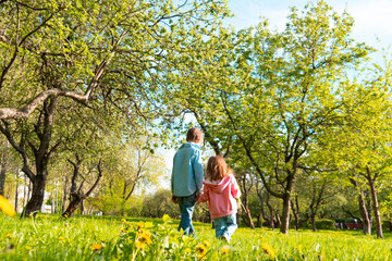 Fototapeta premium Back view of little girl with brother walking together among trees in green park while holding hands