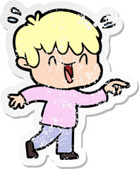 distressed sticker of a cartoon laughing boy