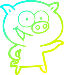 cold gradient line drawing of a cheerful pig cartoon
