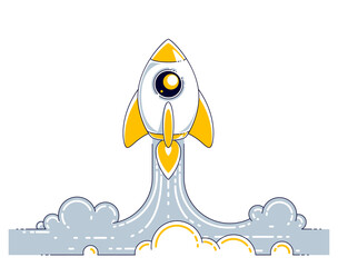 Rocket launch into undiscovered space. Explore universe, breathtaking space science. Thin line 3d vector illustration isolated on white.