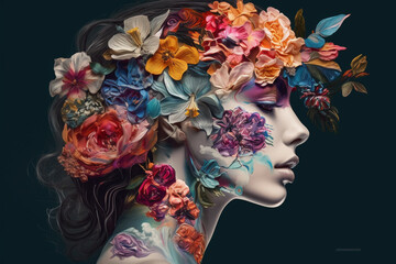 Abstract contemporary art collage portrait of young woman with flowers, retro colors. Generative ai.