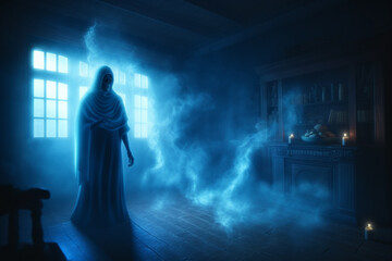 Obraz premium Grim reaper in haunted, creepy house. Generative ai
