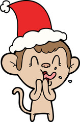 crazy hand drawn line drawing of a monkey wearing santa hat